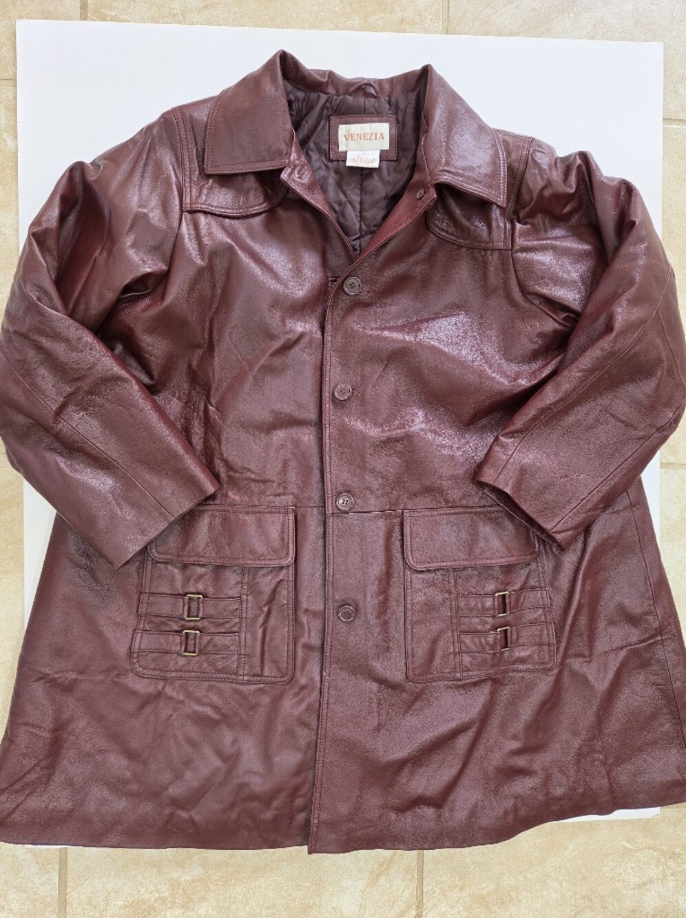 VTG Venezia Red/Maroon leather trench button down jacket 90s y2k sz 20W